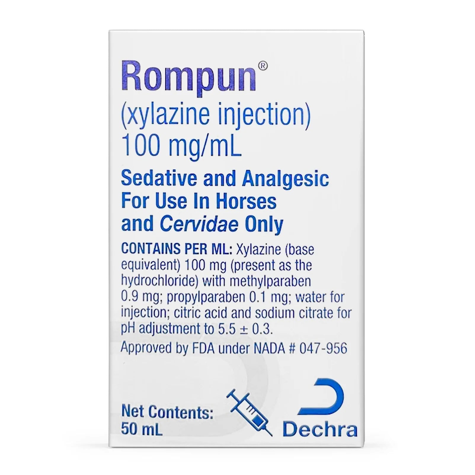 Rompun® (Xylazine Injection) 100 mg/mL – Sedative & Analgesic for Horses (50 mL)